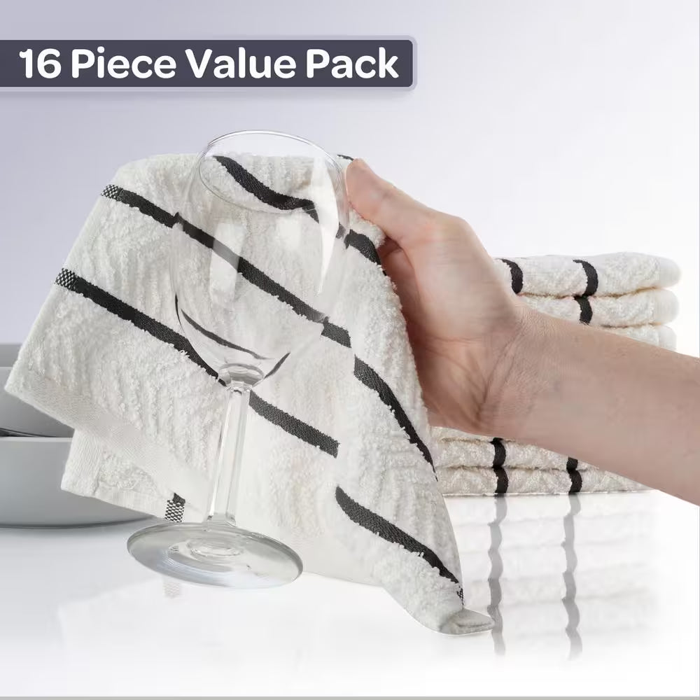Cotton 12 X 12 Dish Cloths 16 Pack - for Washing Dishes, Scrubbing, and Drying - Solid White with White/Black Stripes