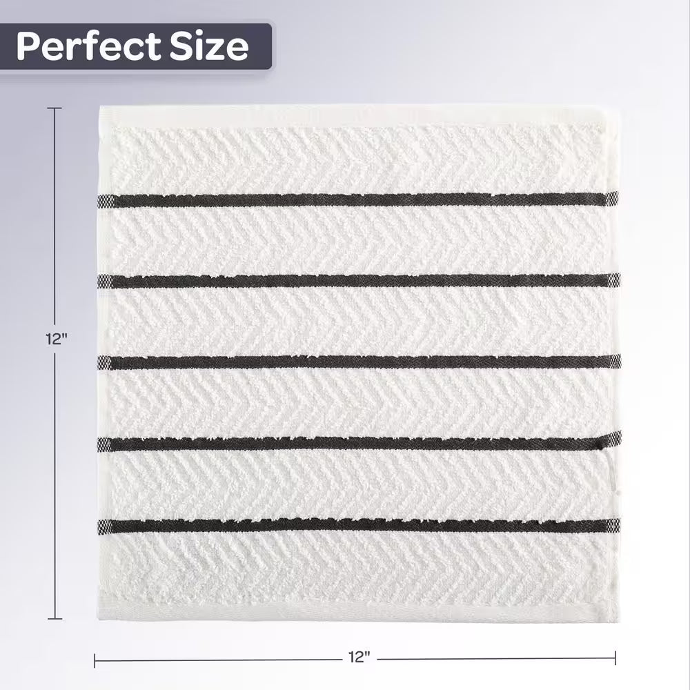 Cotton 12 X 12 Dish Cloths 16 Pack - for Washing Dishes, Scrubbing, and Drying - Solid White with White/Black Stripes