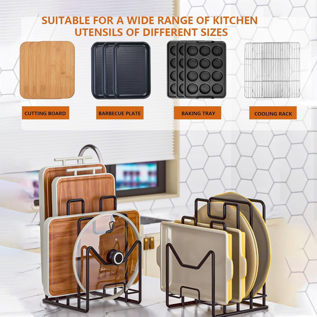 Multifunctional Cutting Board Organizer, Cutting Board Holder Rack Baking Cookie Pan Sheets Cooling Racks Storage Stand for Kitchen Cabinet -Divided Holder with 4 Slots (1PS Black)