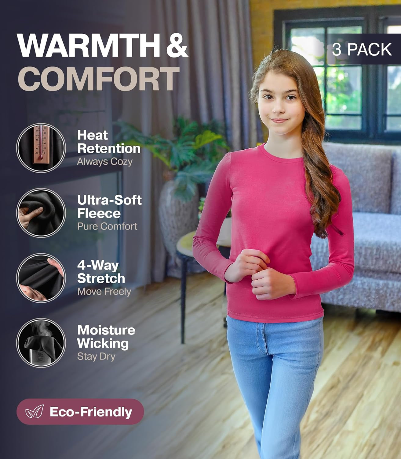 Thermal Underwear for Kids Girls Thermal Sets for Winter Long Johns Thermal Base Layer for Girls Long Underwear 3 Pack (Black, Pink, White, Large)
