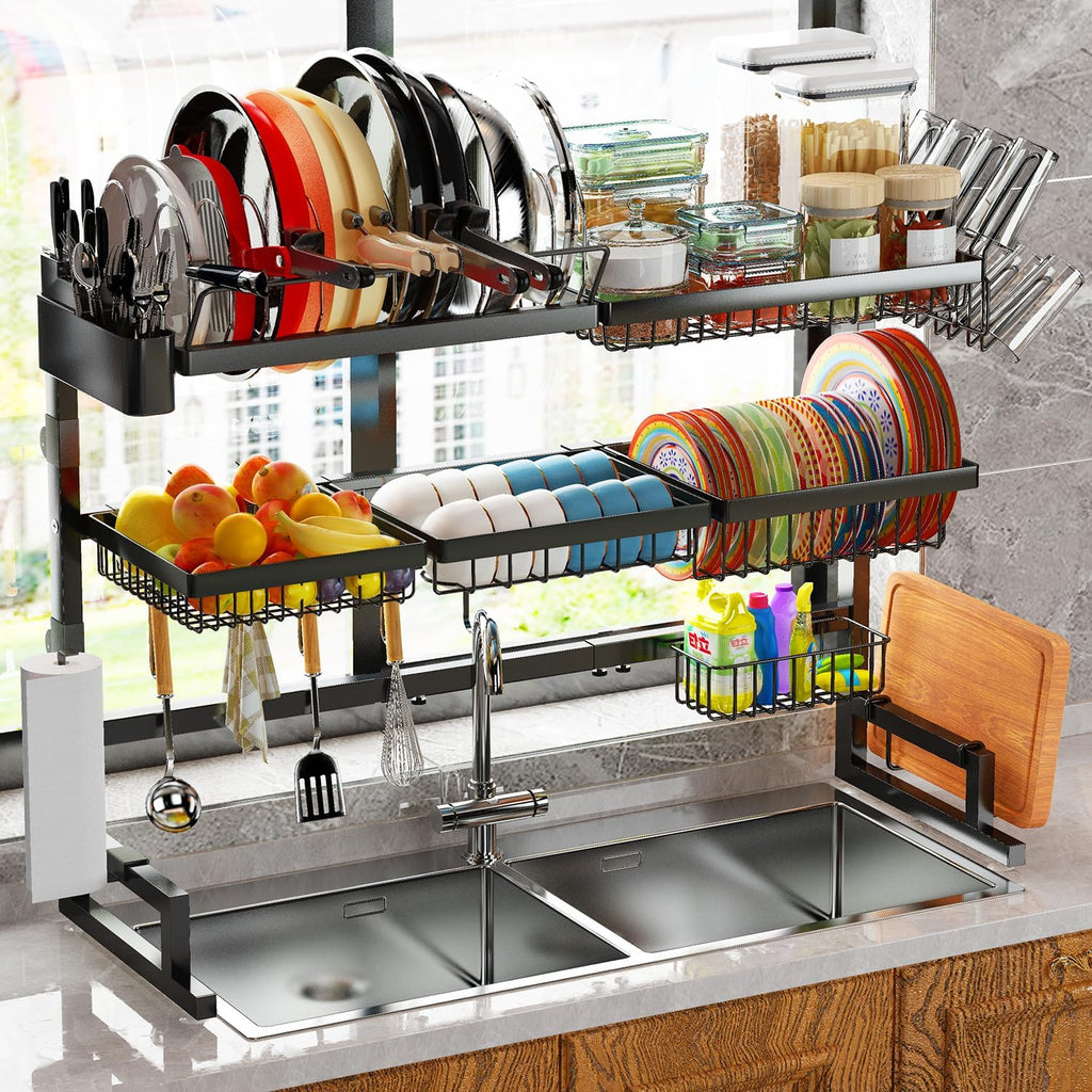 over Sink Dish Drying Rack (Expandable Height/Length) Snap-On Design Large Dish Drainer Storage Counter Organizer 32-40L X 12W X 34-38H (Inches)