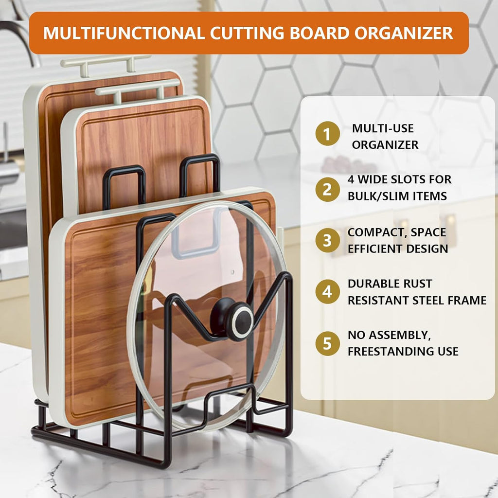 Multifunctional Cutting Board Organizer, Cutting Board Holder Rack Baking Cookie Pan Sheets Cooling Racks Storage Stand for Kitchen Cabinet -Divided Holder with 4 Slots (1PS Black)