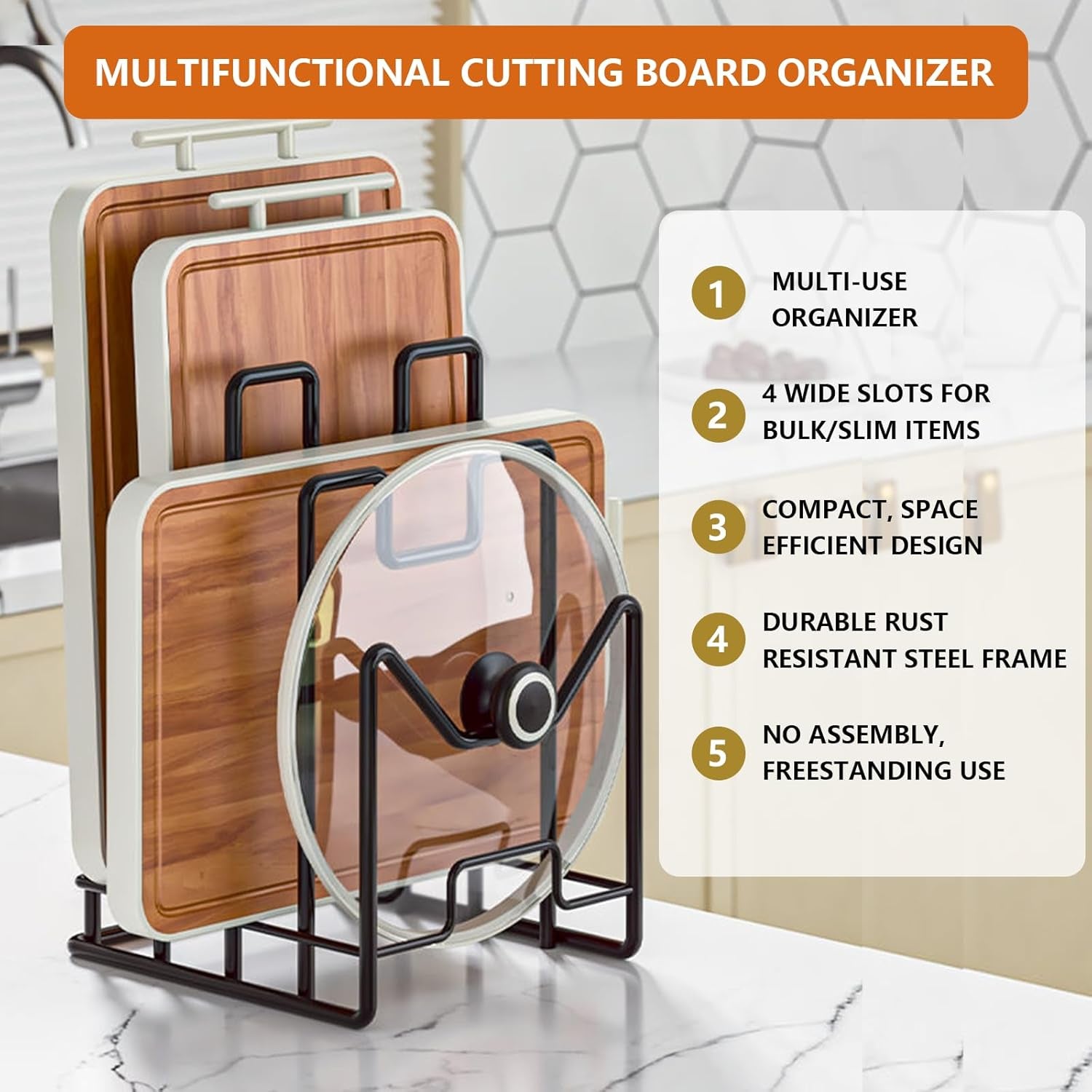Multifunctional Cutting Board Organizer, Cutting Board Holder Rack Baking Cookie Pan Sheets Cooling Racks Storage Stand for Kitchen Cabinet -Divided Holder with 4 Slots (1PS Black)
