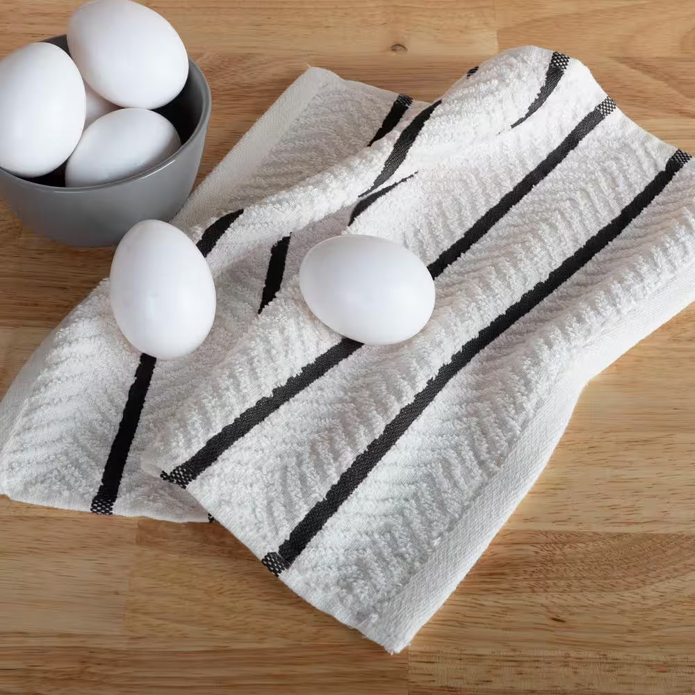 Cotton 12 X 12 Dish Cloths 16 Pack - for Washing Dishes, Scrubbing, and Drying - Solid White with White/Black Stripes