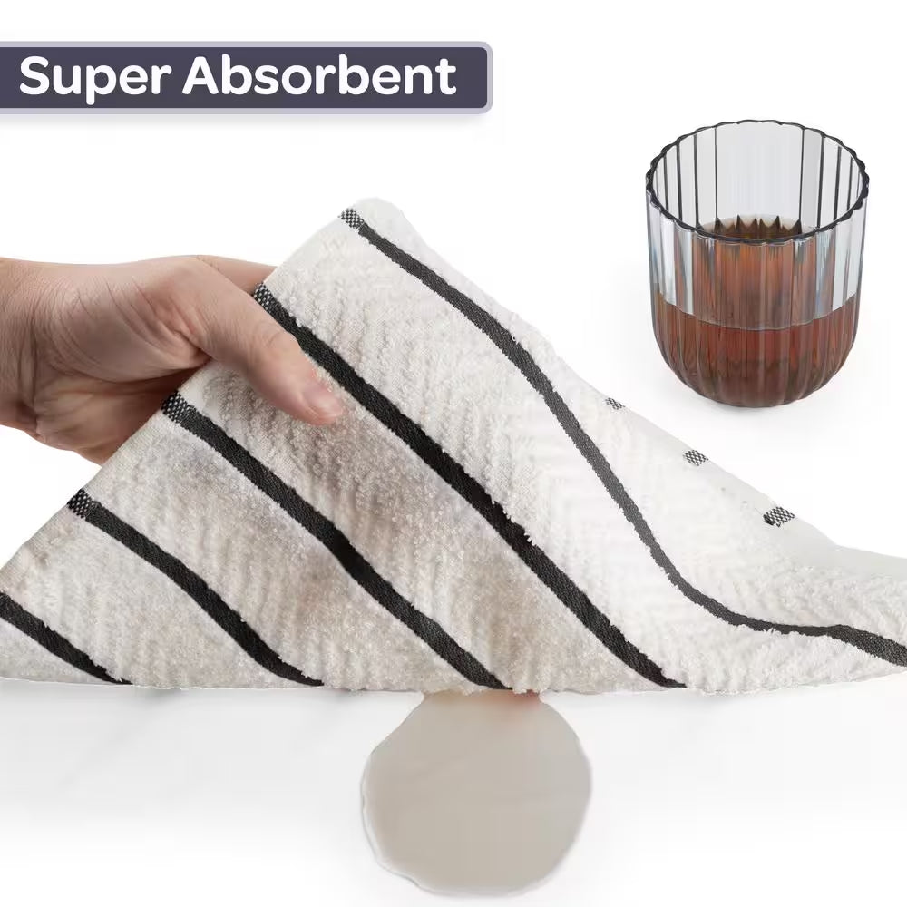 Cotton 12 X 12 Dish Cloths 16 Pack - for Washing Dishes, Scrubbing, and Drying - Solid White with White/Black Stripes