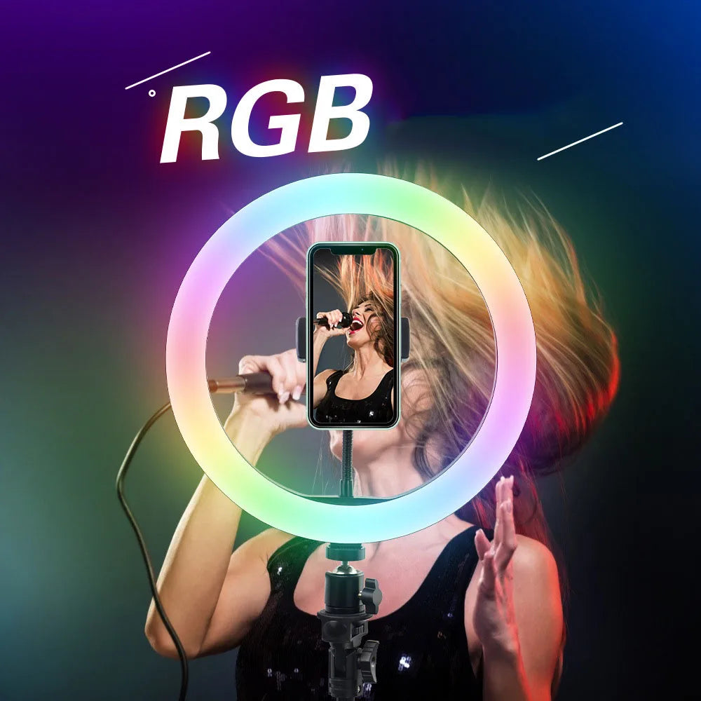 26CM RGB Ring Light 15 Colors with Mini Tripod Stand Phone Holder for Tik Tok Makeup Youtube Video Photography Lamp