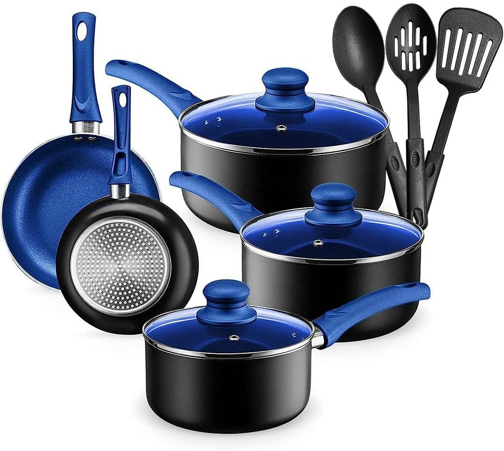 Pots and Pans Set Kitchen Cookware Sets Nonstick Aluminum Cooking Essentials 11 Pieces Blue