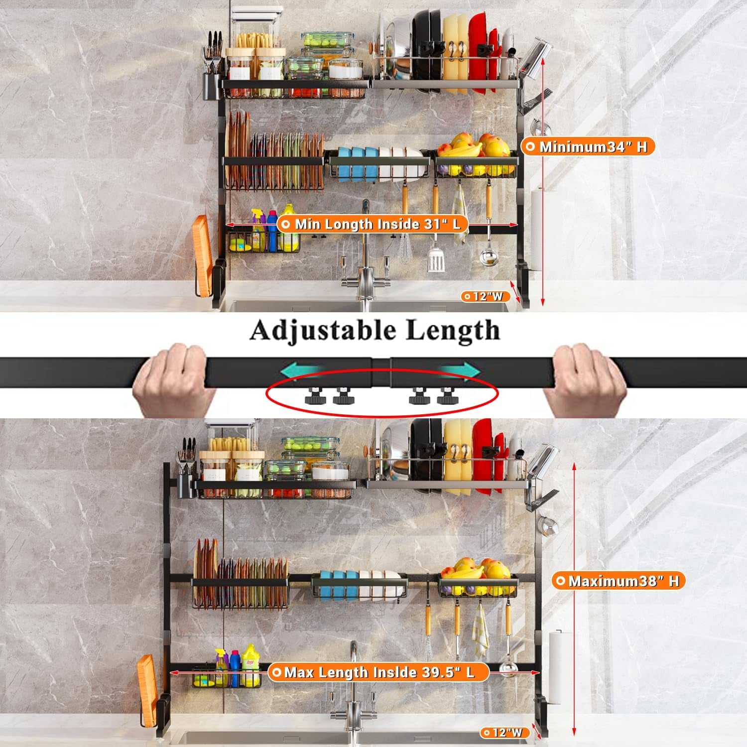 over Sink Dish Drying Rack (Expandable Height/Length) Snap-On Design Large Dish Drainer Storage Counter Organizer 32-40L X 12W X 34-38H (Inches)