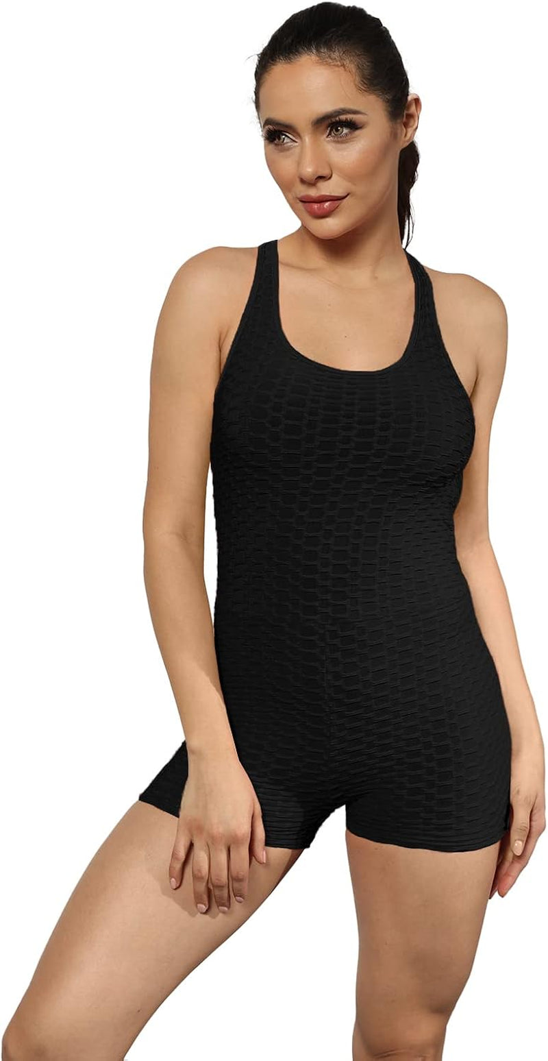 Women'S Sexy Yoga Short Jumpsuits Sleevesless One Piece Gym Jumpsuit Texture Bodysuit TIK Tok Rompers Backless Romper Shorts Catsuit Black 2XL
