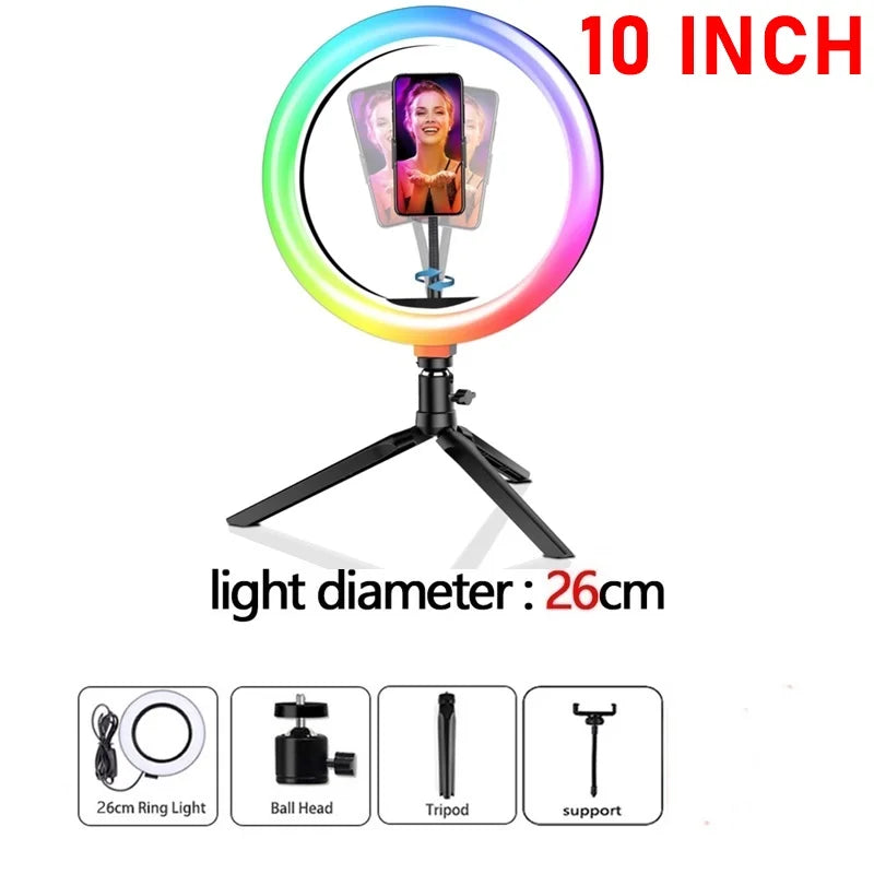 26CM RGB Ring Light 15 Colors with Mini Tripod Stand Phone Holder for Tik Tok Makeup Youtube Video Photography Lamp