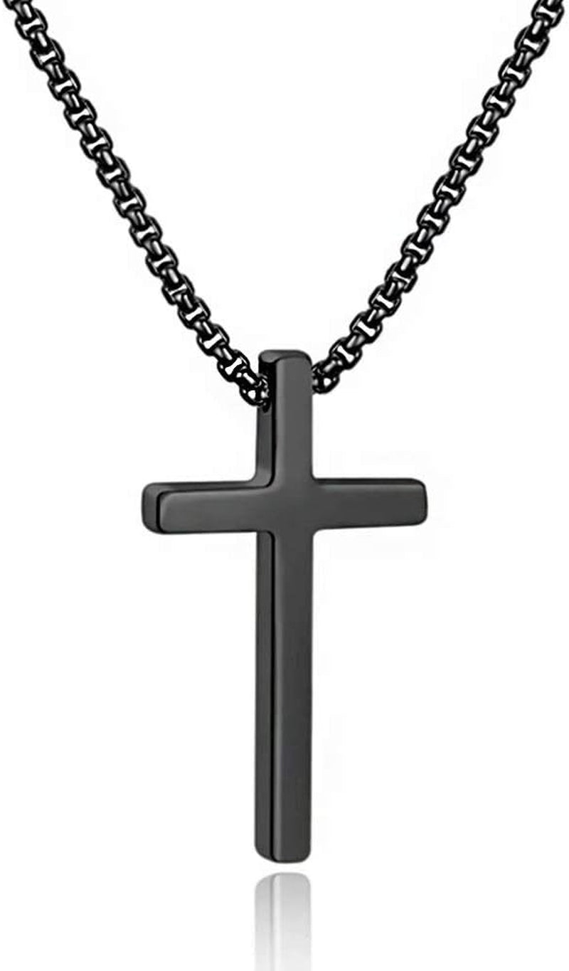Cross Necklace for Men Teen Boys, Silver Black Gold Stainless Steel Plain Cross Pendant Necklace Box Chain 16-30 Inch