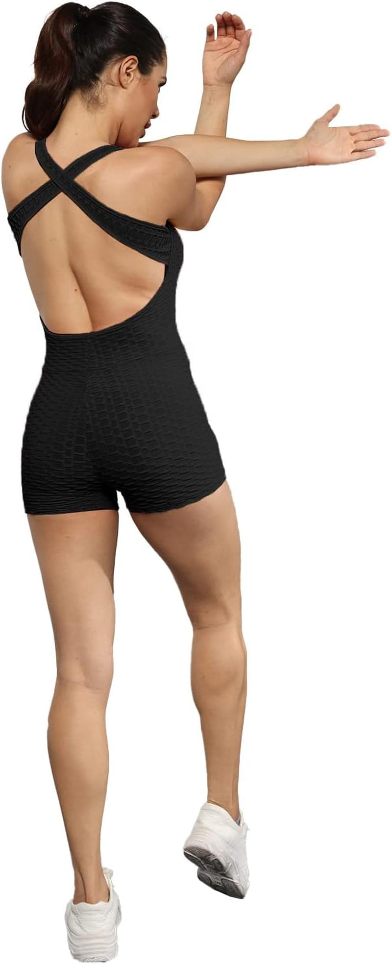Women'S Sexy Yoga Short Jumpsuits Sleevesless One Piece Gym Jumpsuit Texture Bodysuit TIK Tok Rompers Backless Romper Shorts Catsuit Black 2XL