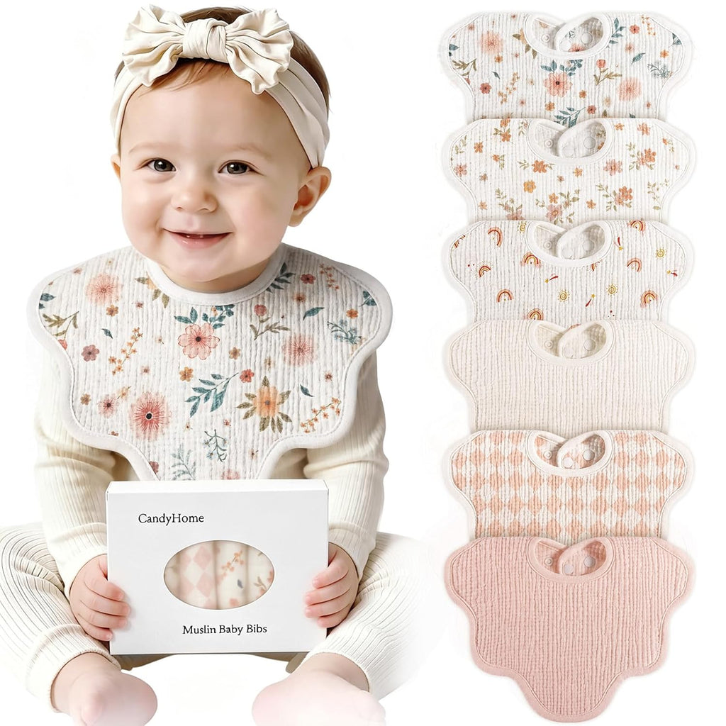 Muslin Bibs for Baby Girl Boy 6 Pack, 100% Cotton Extra Soft Absorbent Bandana Baby Bibs for Drooling and Teething Toddler Newborn Baby Girl Essentials Gifts
