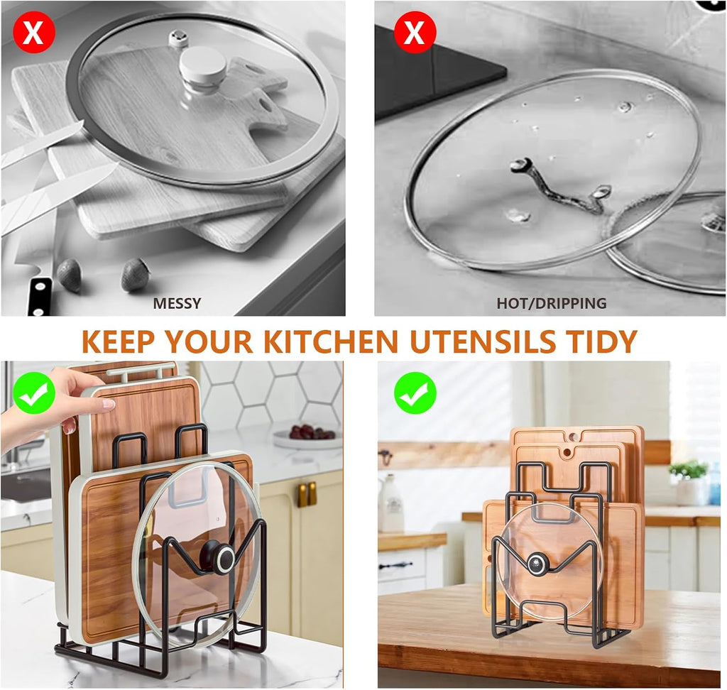 Multifunctional Cutting Board Organizer, Cutting Board Holder Rack Baking Cookie Pan Sheets Cooling Racks Storage Stand for Kitchen Cabinet -Divided Holder with 4 Slots (1PS Black)