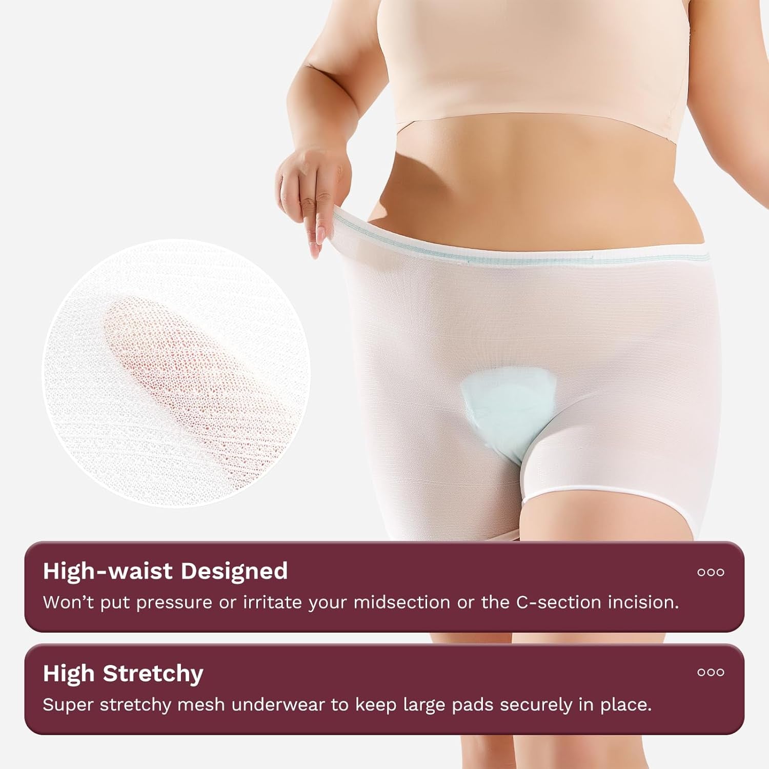 Mesh Underwear for Incontinence Pads, 8 Pack High Waist Hospital Mesh Postpartum Panties Breathable, Delivery Post Surgical Recovery C-Section Underwear for Women, White, Large